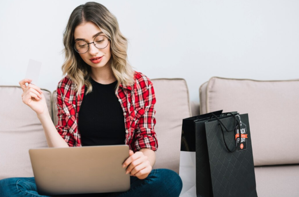 Woman reading reviews and shopping online