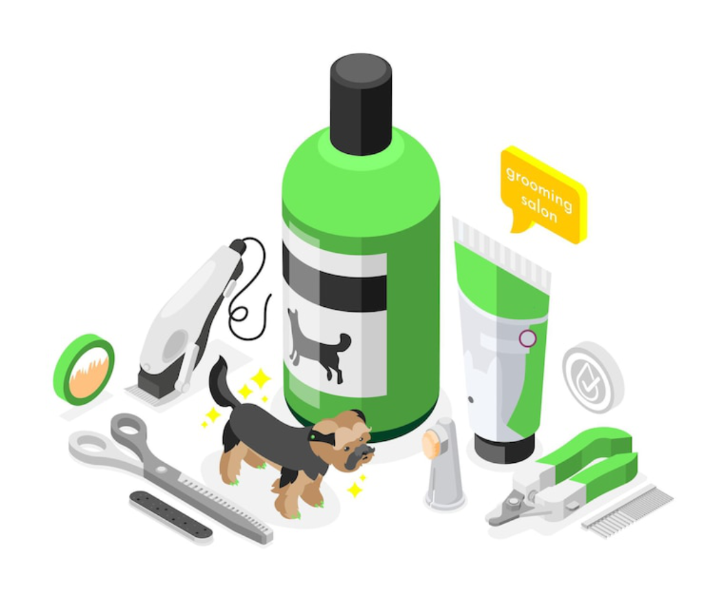 Illustration of dog grooming supplies, including shampoo bottles and cream jars