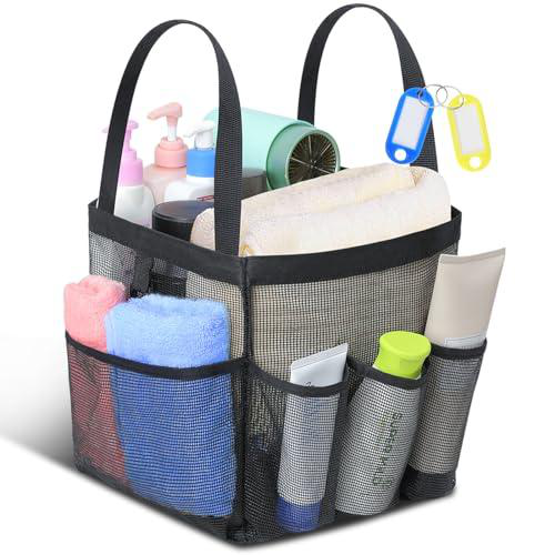 A black mesh shower caddy tote bag filled with various travel-sized toiletries.