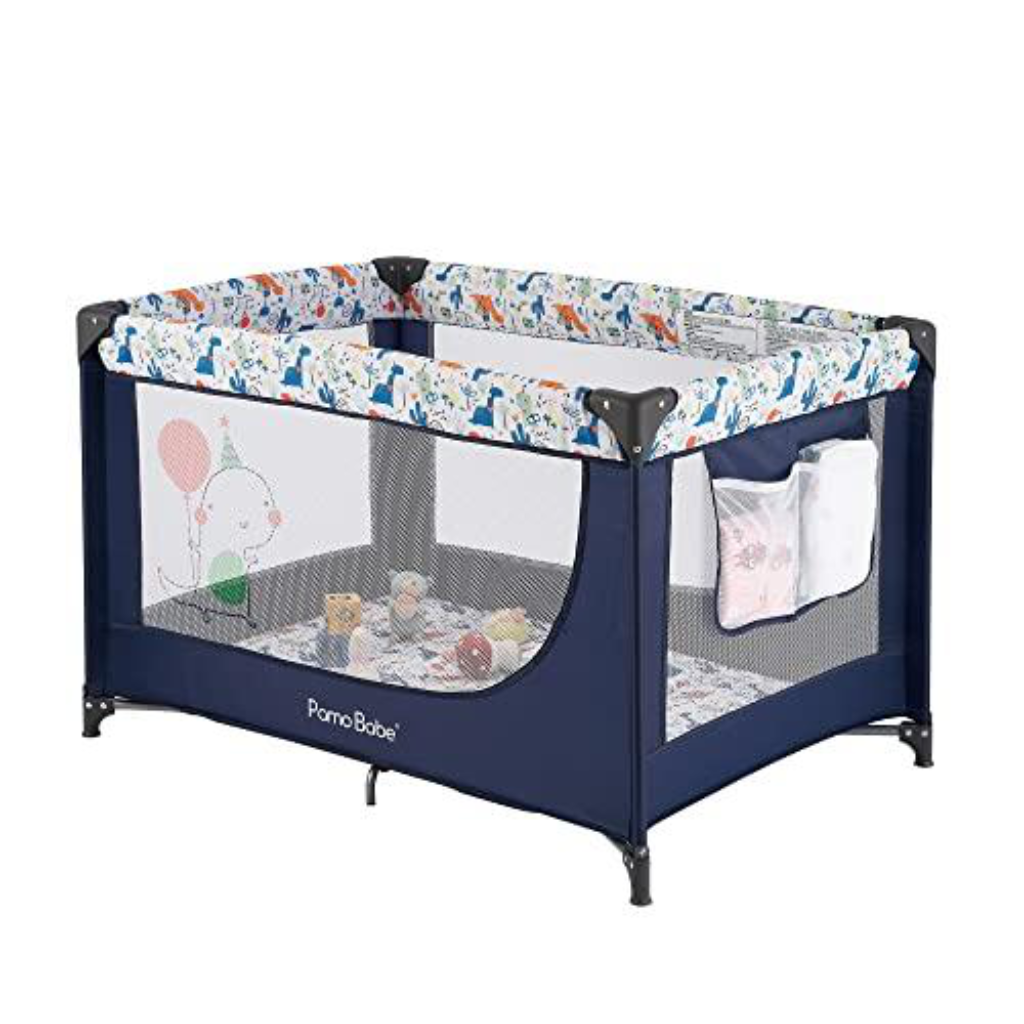 A navy-blue portable baby playpen with a white mesh side.