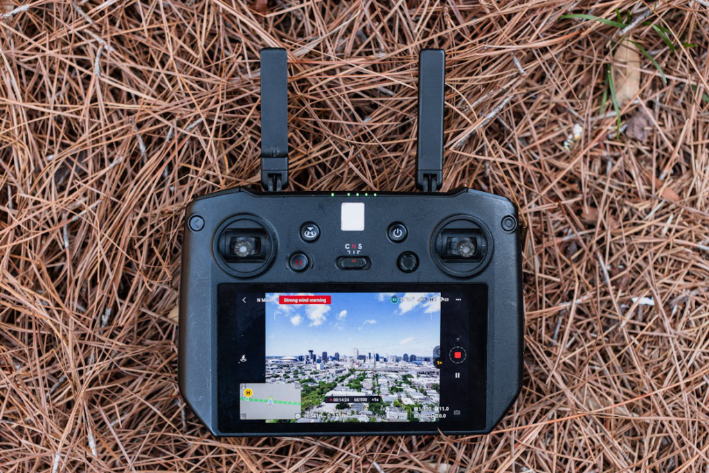 A drone controller showing live footage from the camera in real-time