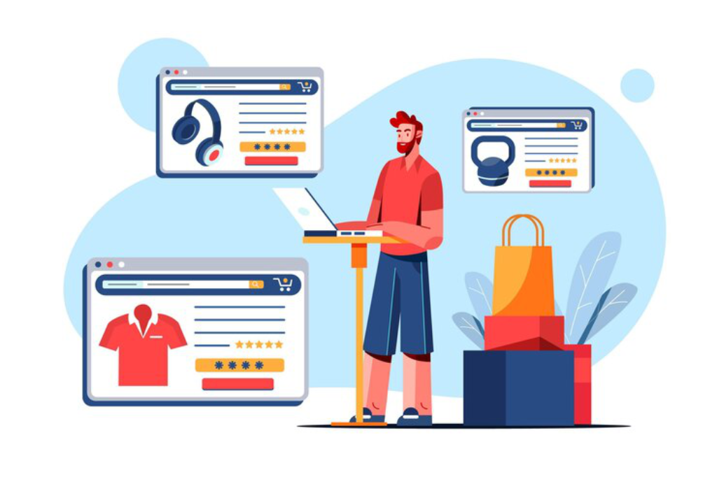 An illustrated man reviewing product ratings and reviews on his laptop before making an online purchase