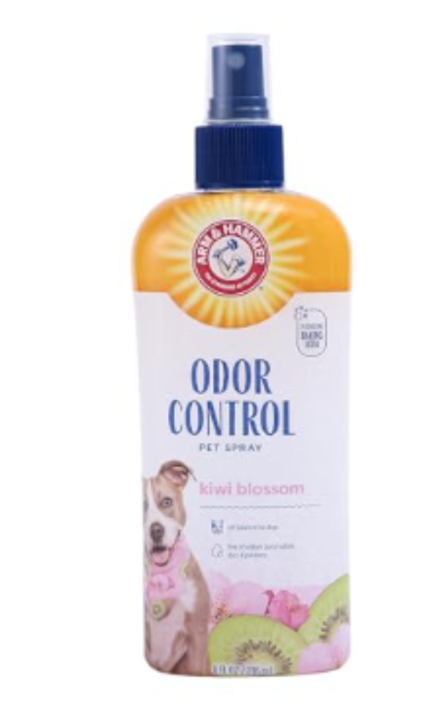 Arm & Hammer dog spray bottle labeled for odor elimination and freshness.