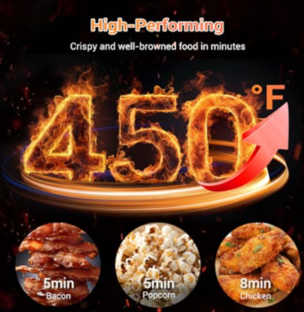 A digital graphic showcasing the Tastee Air Fryer’s 450°F high-performance cooking, with images of bacon, popcorn, and chicken alongside cooking times.