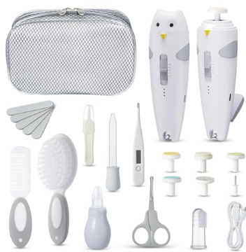 A grey 26-in-1 baby healthcare and grooming kit with trimmer and tools. Caption: All-in-one baby care kit designed for gentle grooming and everyday safety.