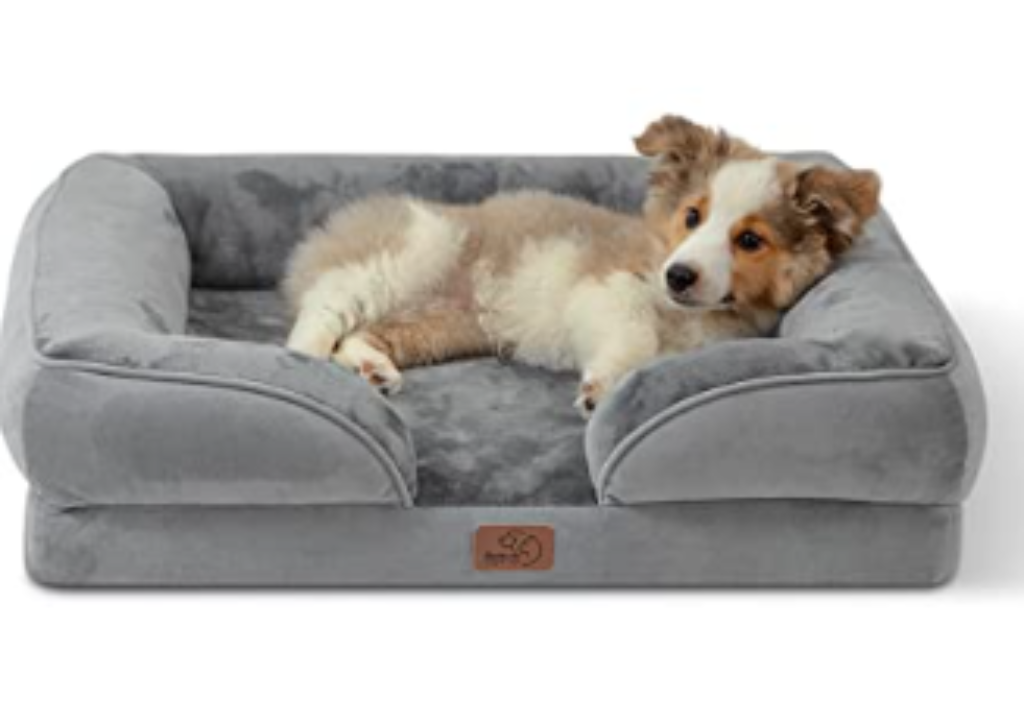 Orthopedic memory foam pet couch bed with waterproof lining.