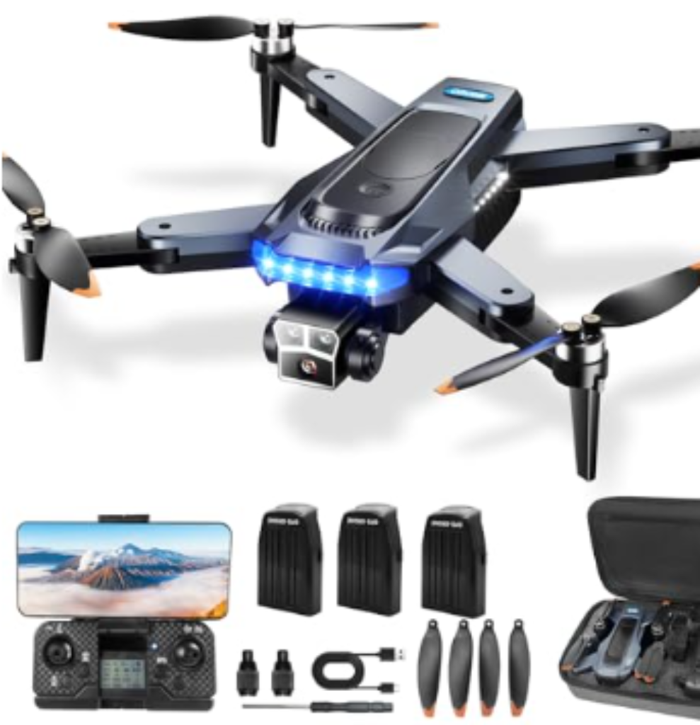 A black foldable 4K GPS drone with LED lights, controller, batteries, extra propellers, and a carrying case.
