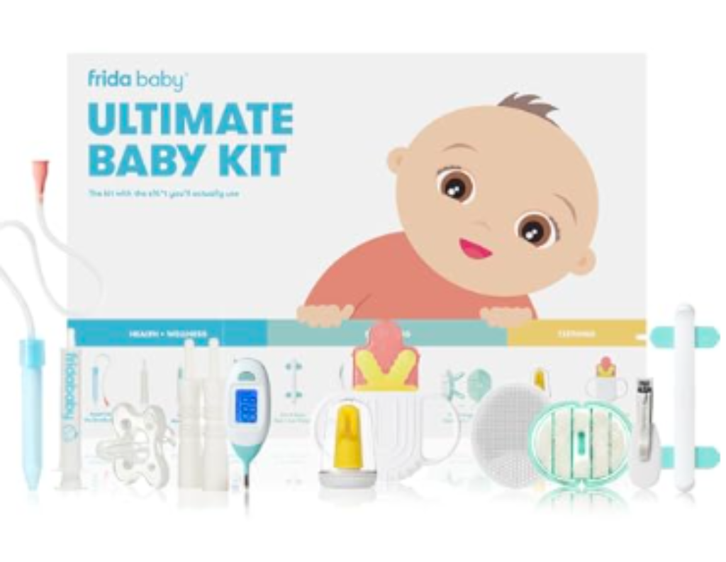 A baby essentials gift set displayed with various health and grooming tools, including a thermometer, nail clippers, aspirator, and teething toys, alongside a smiling cartoon baby on the box.