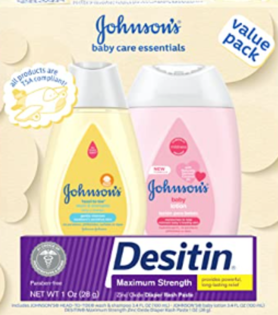 Johnson’s baby skincare gift set with lotion, wash, and diaper cream.