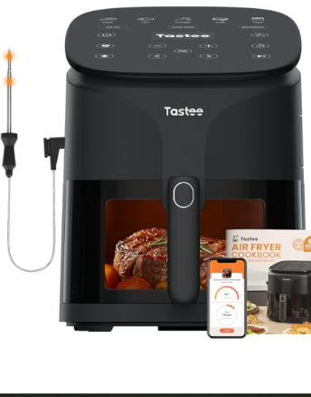 Compact black 8-in-1 air fryer with digital controls and smart probe. Caption: One device, endless meals—this 8-in-1 air fryer simplifies kitchen chaos.