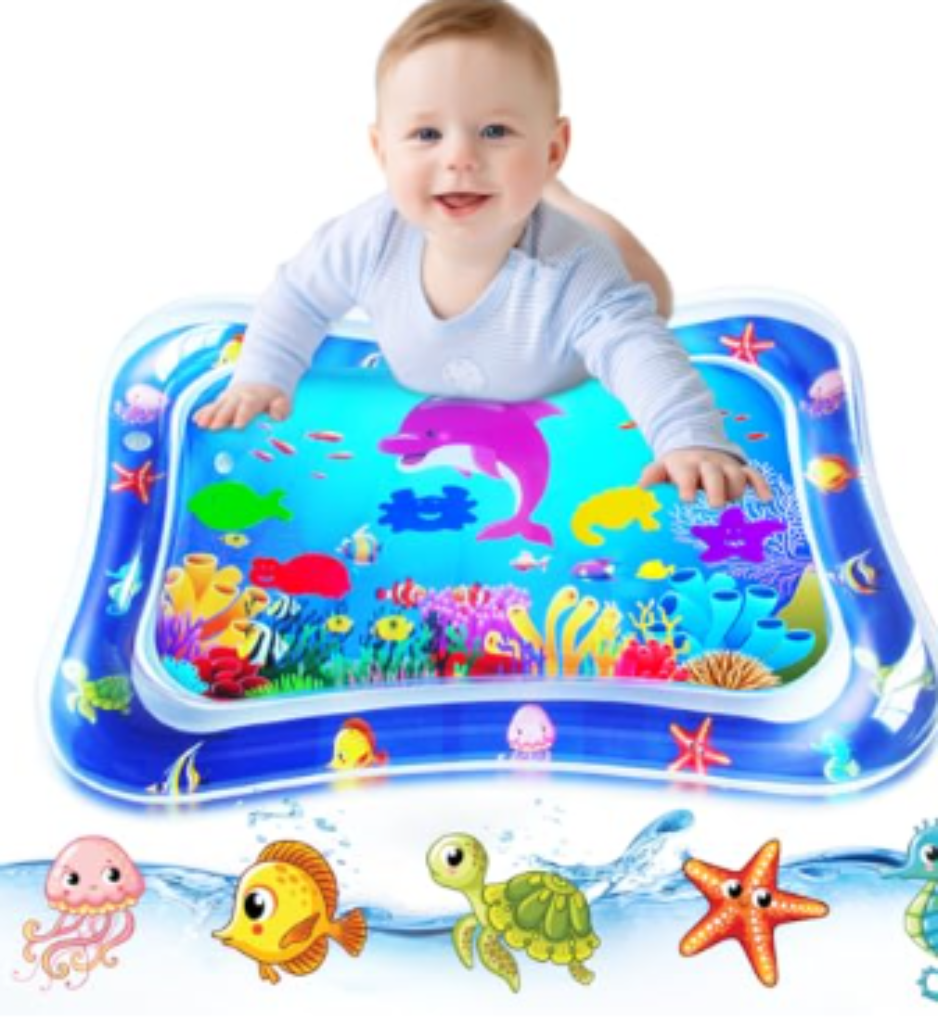 Inflatable tummy time water mat with sea-themed graphics for infants.
Caption: Sensory playmat supports tummy time and motor development for babies.