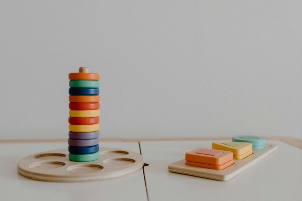 colorful educational toys on a white surface