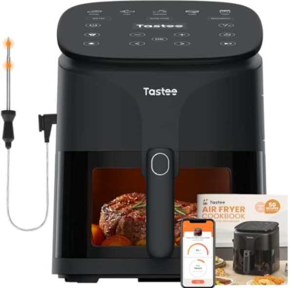 Smart black air fryer with digital controls, meat probe, and cookbook displayed