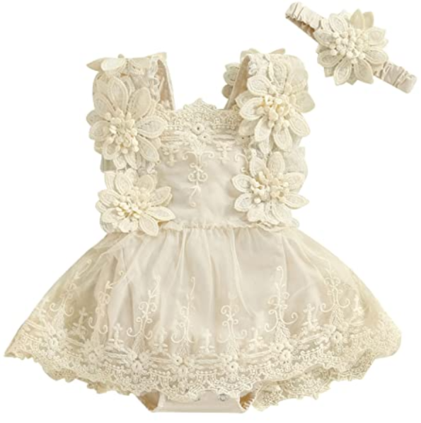 lace baby girl romper dress with flower headband