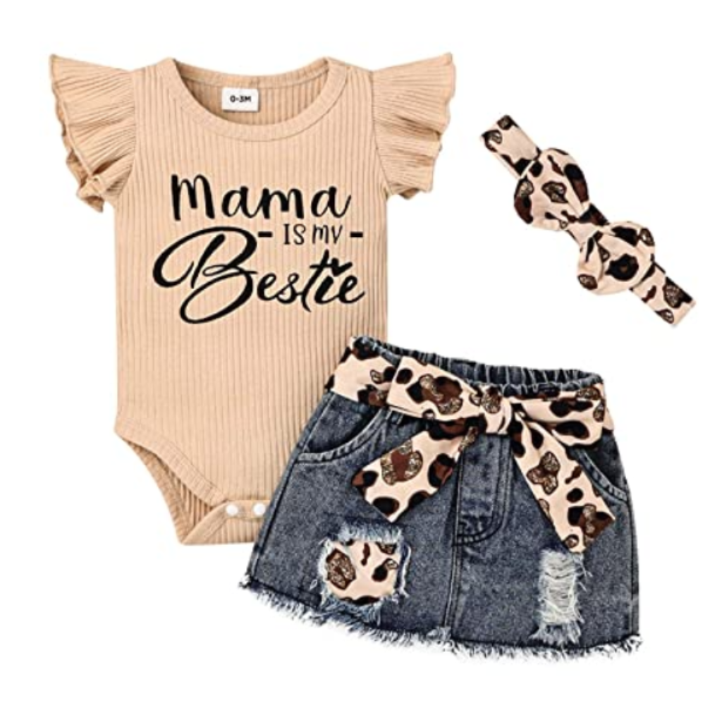 baby girl bodysuit with denim skirt and headband