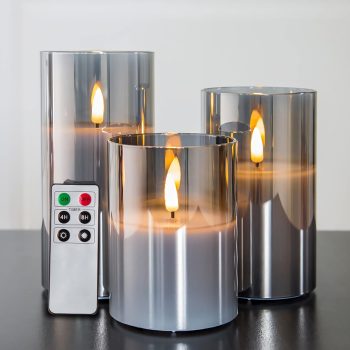 Eywamage Smoke Grey Glass Flameless Candles with Remote, Flickering Battery Operated LED Pillar Candles Set of 3