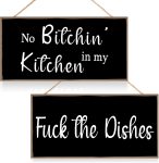 Jetec 2 Pieces Funny Kitchen Signs the Dishes Hanging Wall Art Decoration No Bitchin in My Kitchen Rustic Wooden Wall Signs Decorative Wood Home Decor, 10 x 5 Inch(Stylish)