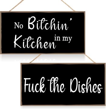 Jetec 2 Pieces Funny Kitchen Signs the Dishes Hanging Wall Art Decoration No Bitchin in My Kitchen Rustic Wooden Wall Signs Decorative Wood Home Decor, 10 x 5 Inch(Stylish)