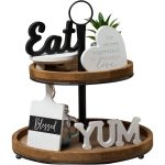 GENMOUS Farmhouse Kitchen Tiered Tray Decor Mini Set – Rustic Black and White Two-Tier Tray Decorations