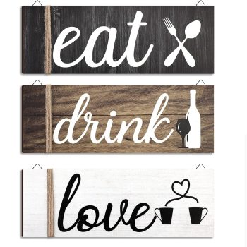 Jetec 3 Pcs Farmhouse Kitchen Wall Decor Rustic Wooden Home Eat Drink Love Sign with Hanging Hole for Home Dining Living Room Bar Cafe Décor (Vivid Color)
