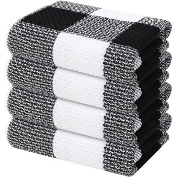 100% Cotton Waffle Weave Kitchen Towels, 13 x 28 Inches, Super Soft and Absorbent Buffalo Check Dish Towels for Drying Dishes, 4-Pack, Black & White