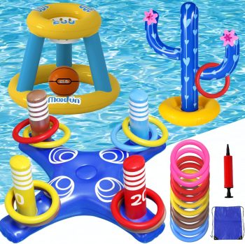 Max Fun Pool Toys Games Set for Kids Pool Basketball Hoop, Inflatable Cross Ring Toss, Floating Floats Games for Toddlers Adults Swimming Water Toys Party Decoration